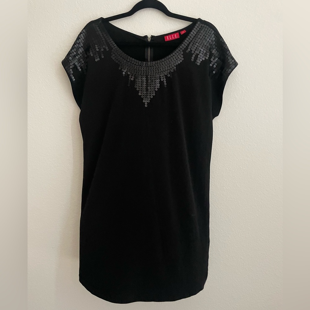Elle Black Mini Dress with Sequin Neck Detail
